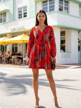Banana Republic Burnt Orange Red Floral Long-Sleeve V-Neck Dress S/TALL